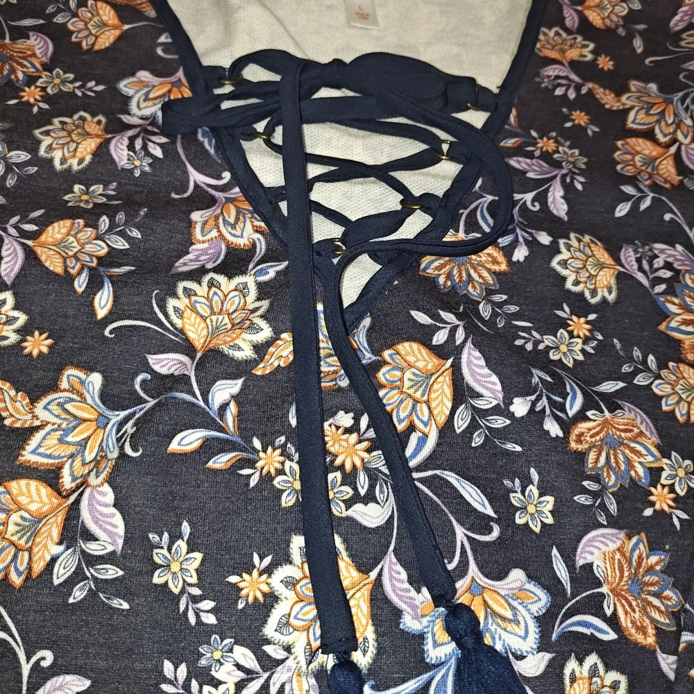 Xhilaration Floral Long Sleeve Top,With Tasels, Large Size - Picture 2 of 5